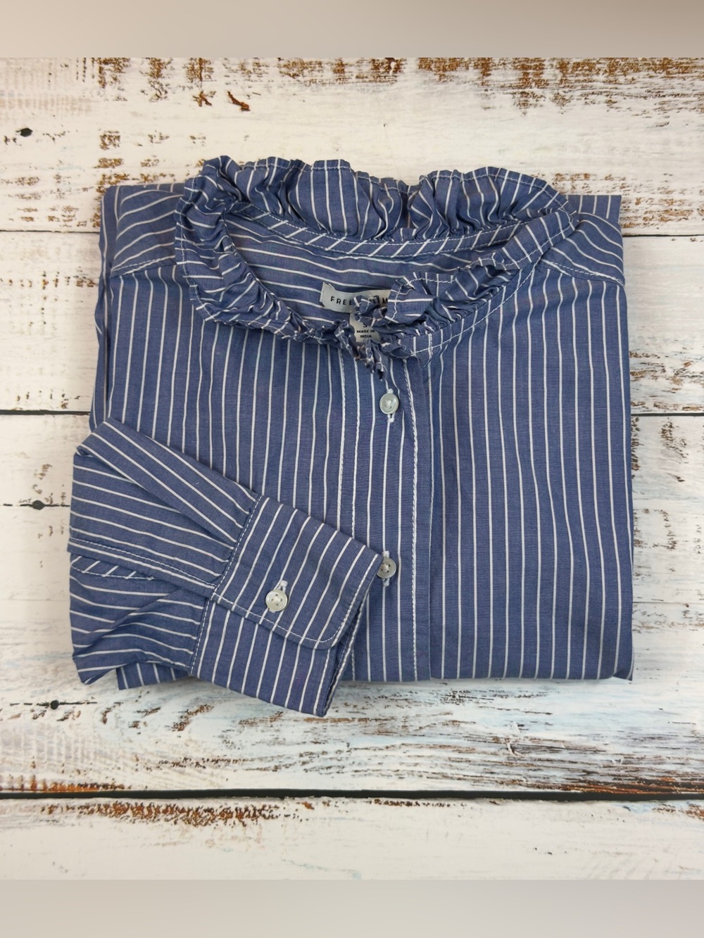 Free Assembly Long-Sleeve Ruffle Collar Button-Up Shirt in Cornflower w/ Stripes